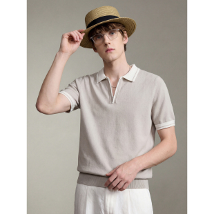 半拉链针织POLO衫 LUUD 雅致奢华莱赛尔混纺亚麻撞色翻领T恤男夏季