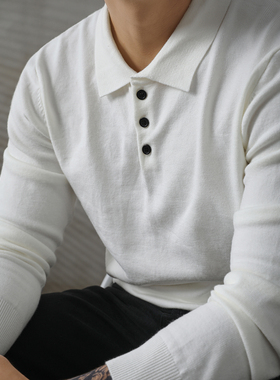 LUUD 轻奢气质翻领毛衣男白色修身内搭针织衫潮流都市感套头上衣