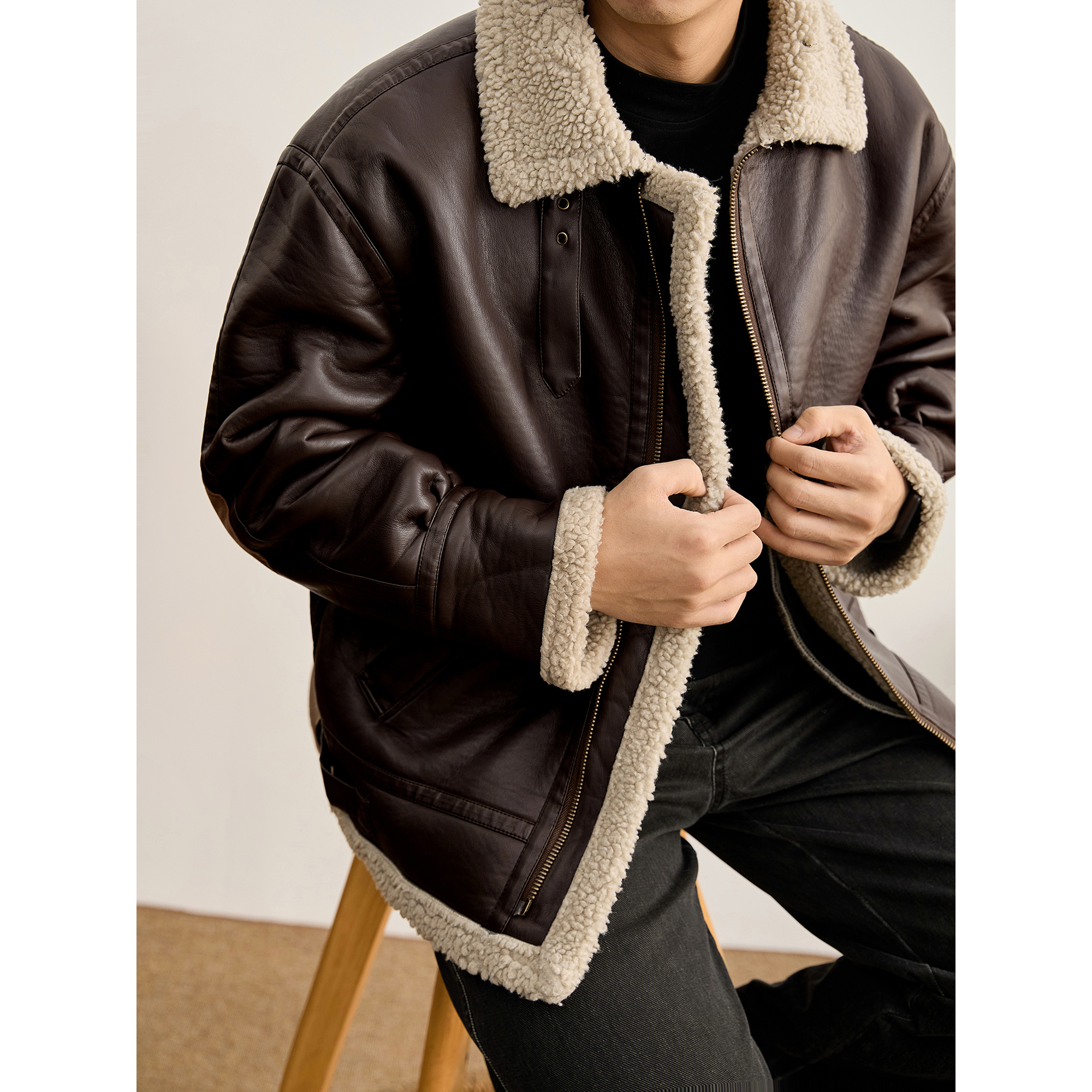 LUUD 男冬季加厚保暖羊羔绒皮毛一体皮衣外套可调节领口PU皮夹克