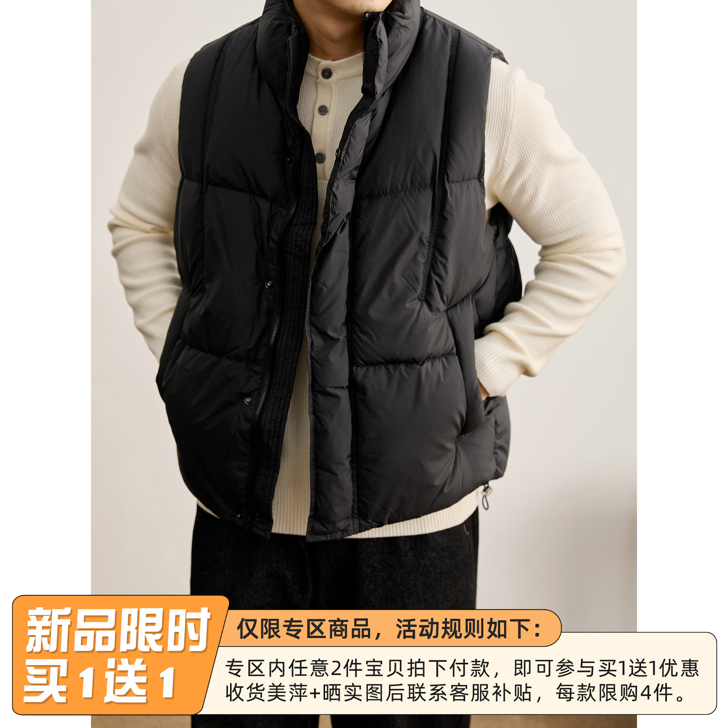 LUUD 潮流百搭立领马甲外套男士白鸭绒纯色休闲坎肩无袖羽绒服冬