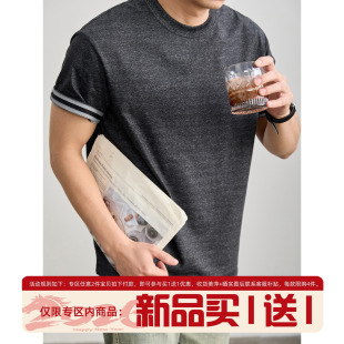 衫 痞帅高级感短袖 花灰色撞色条纹内里上衣 水洗棉混纺男士 LUUD