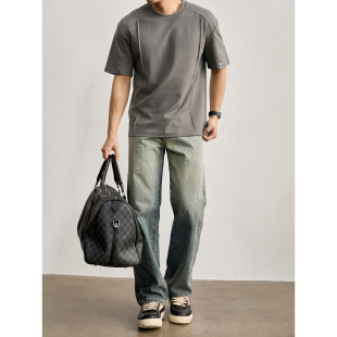 水洗微阔短袖 饰立体结构线设计圆领T恤男夏季 上衣 定制铆钉装 LUUD