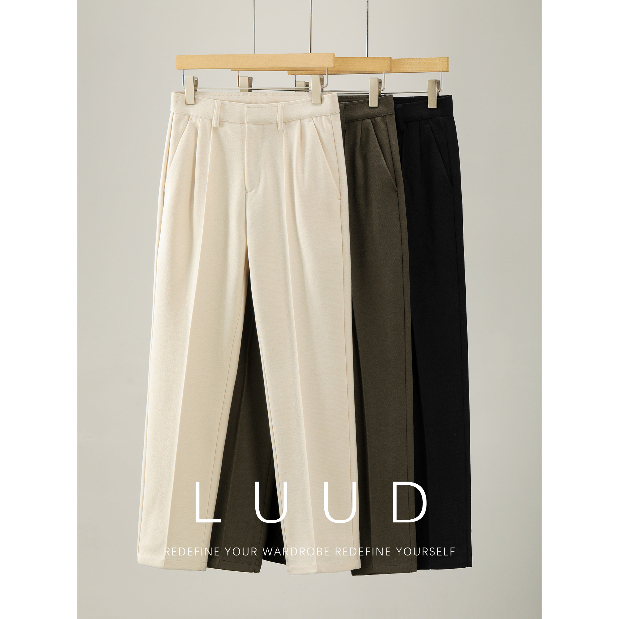 LUUD 手工定型烫褶毛呢直筒西裤男冬加厚保暖裤头双抽褶休闲西裤