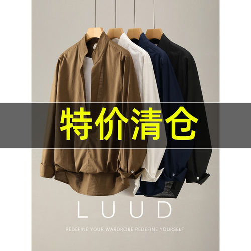 特价 老钱亚麻混纺半开襟立领假两件衬衫男层次叠穿拼接棉麻衬衣