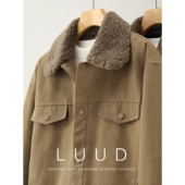 LUUD 85白鸭绒羊羔绒毛领水洗棉夹克外套男冬复古工装 牛仔羽绒服