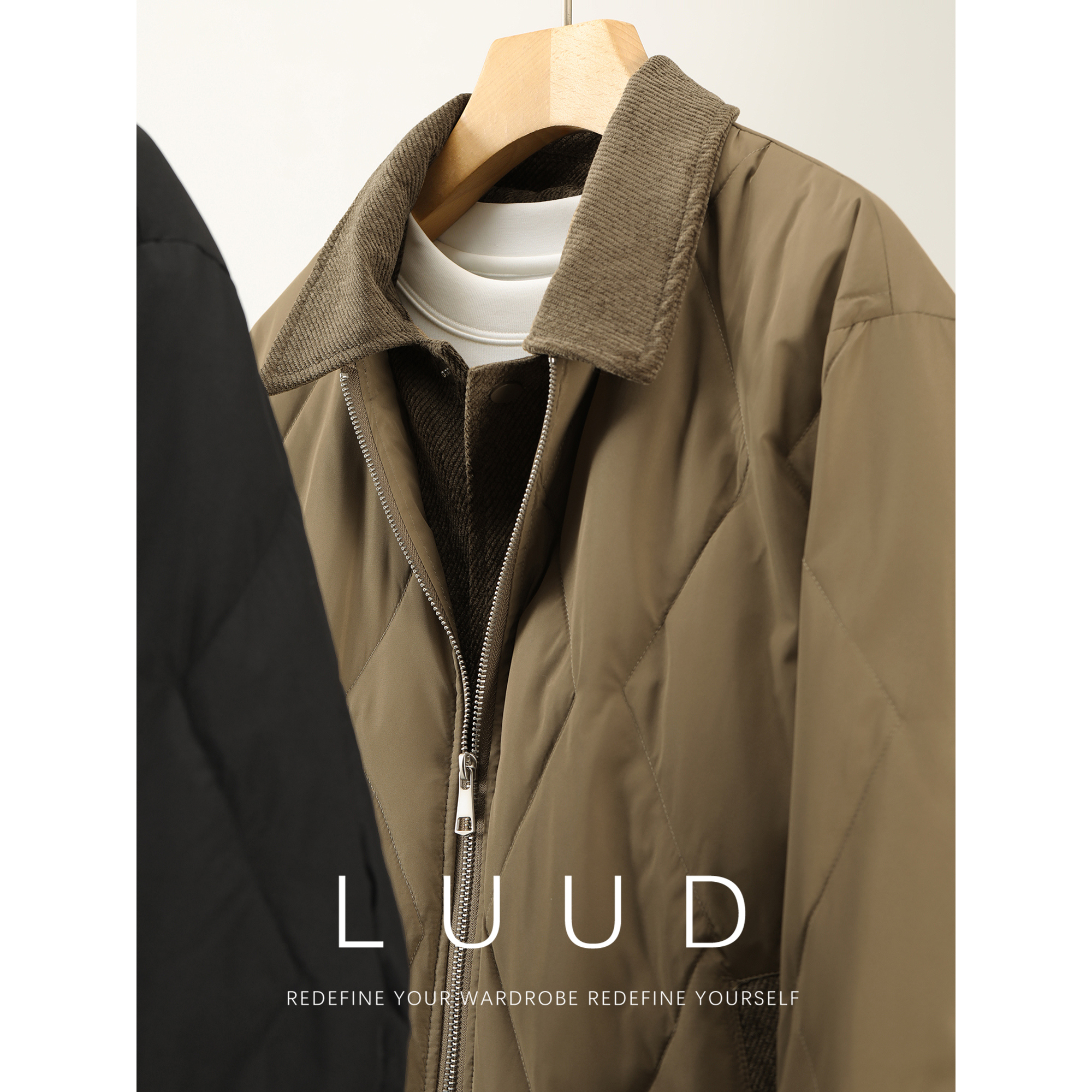 LUUD 85白鸭绒菱形格假两件羽绒服男士老钱风灯芯绒拼接夹克外套