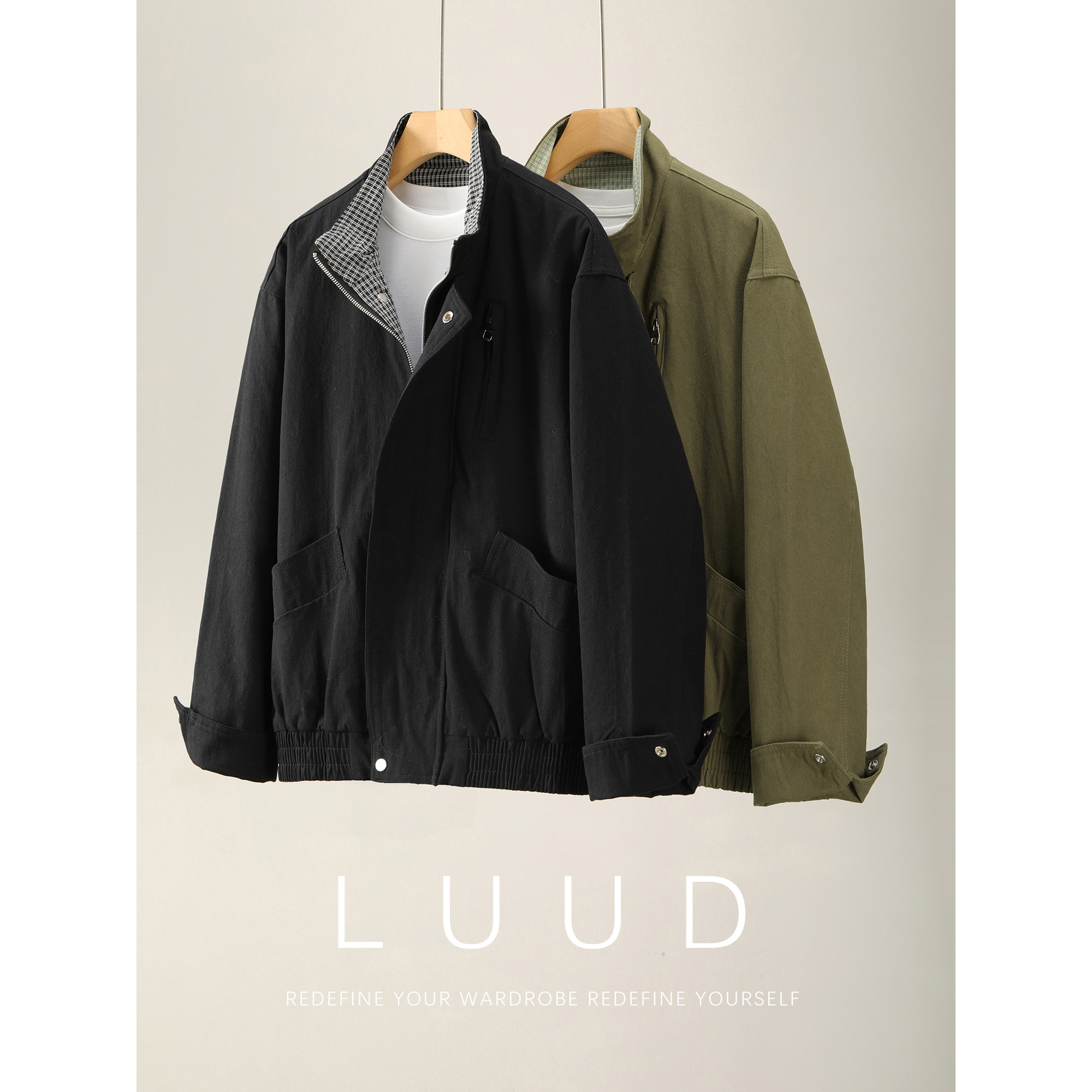 LUUD 水洗纯棉拼接格纹内里帆布外套男秋冬立领双门襟辑明线夹克,男装,夹克,淘宝优惠券,粉丝福利购,淘宝优惠卷