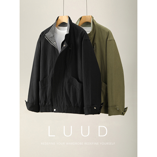 LUUD 水洗纯棉拼接格纹内里帆布外套男秋冬立领双门襟辑明线夹克