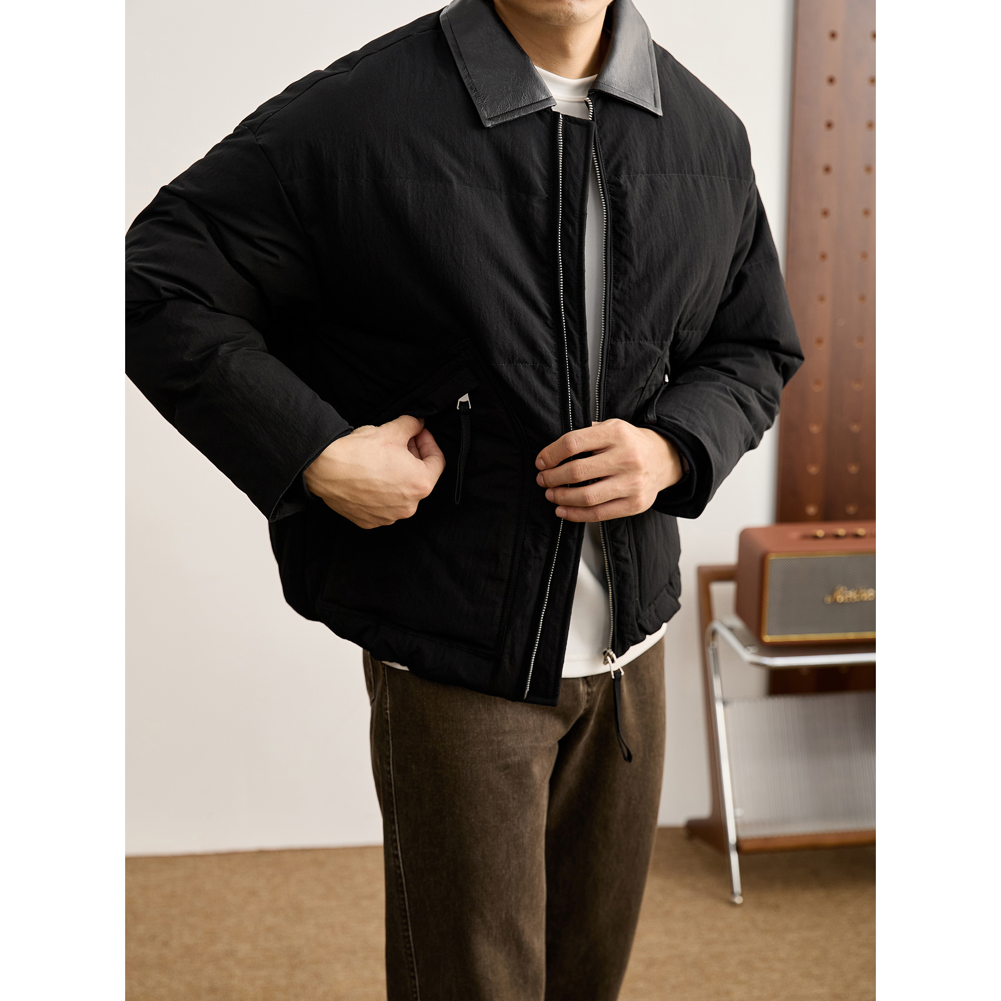 LUUD 男冬季皮质翻领拼接羽绒服国标白鸭绒拉链口袋抗寒保暖外套