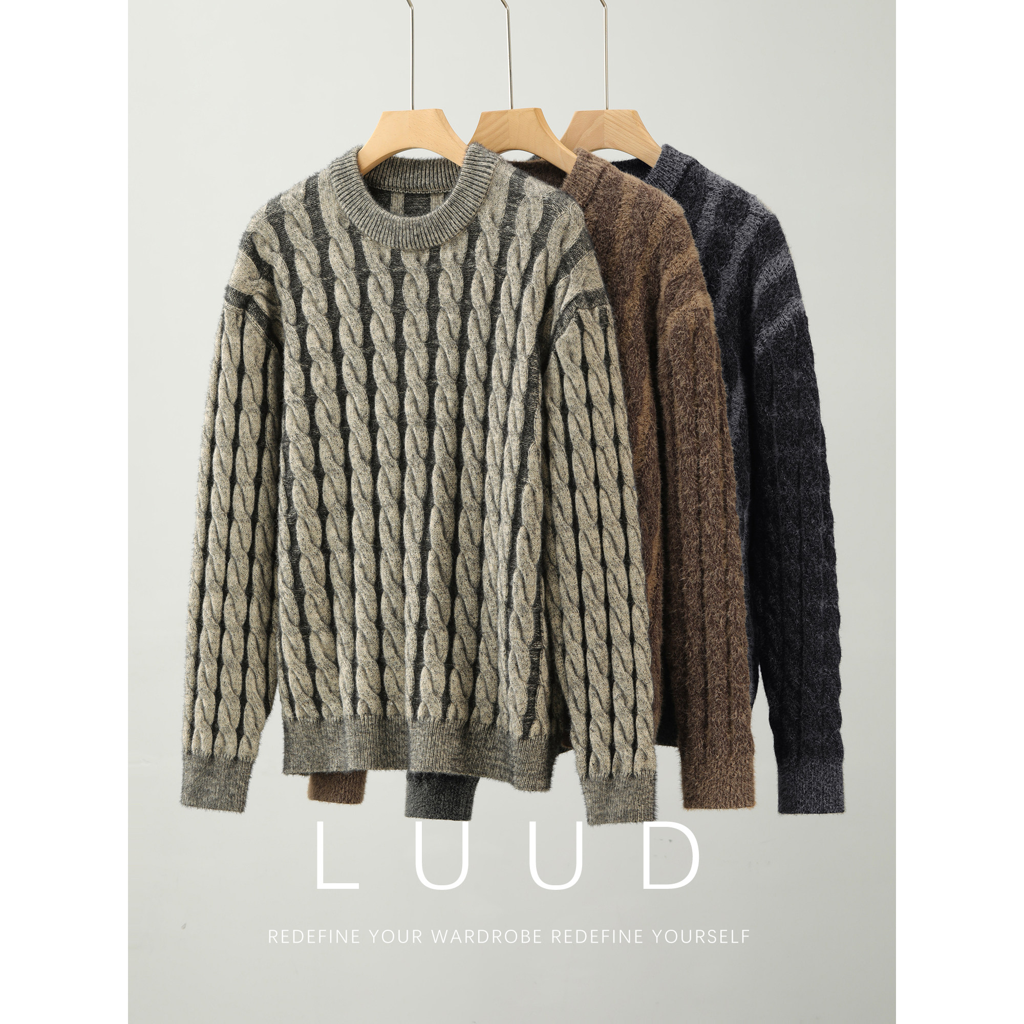 LUUD 重磅1000g仿貂毛北极绒花纱混色针织衫保暖麻花肌理提花毛衣,男装,针织衫/毛衣,淘宝优惠券,粉丝福利购,淘宝优惠卷