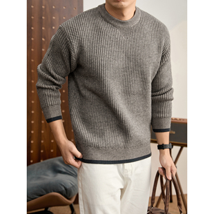 LUUD 高克重760g华夫格肌理套头毛衣男冬加厚保暖撞色罗纹针织衫