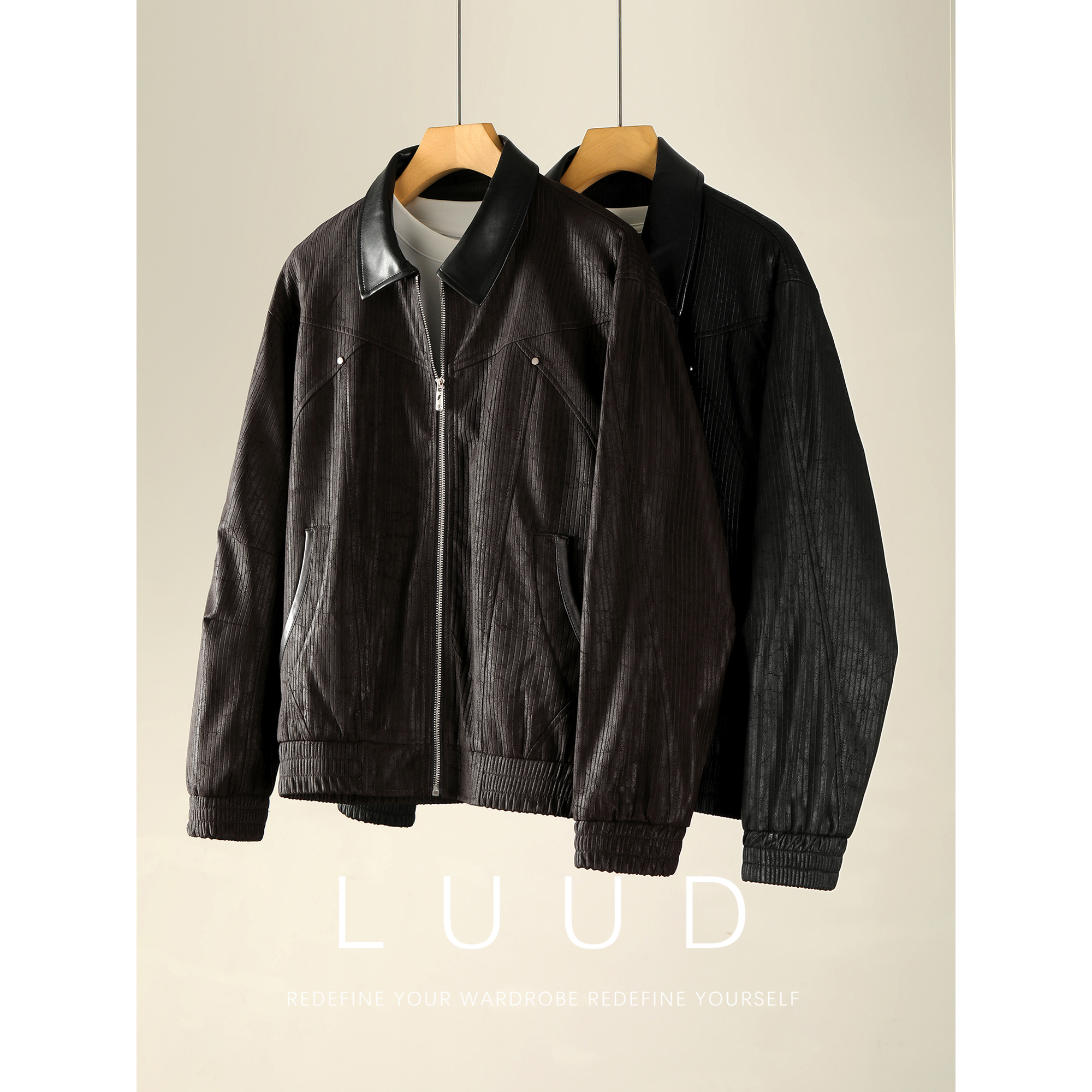 LUUD 重工满印裂纹坑条肌理皮衣夹克男冬解构分割线设计PU皮外套