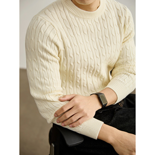 LUUD 日常松弛弹力柔软打底针织衫男士麻花编织纹理保暖圆领毛衣