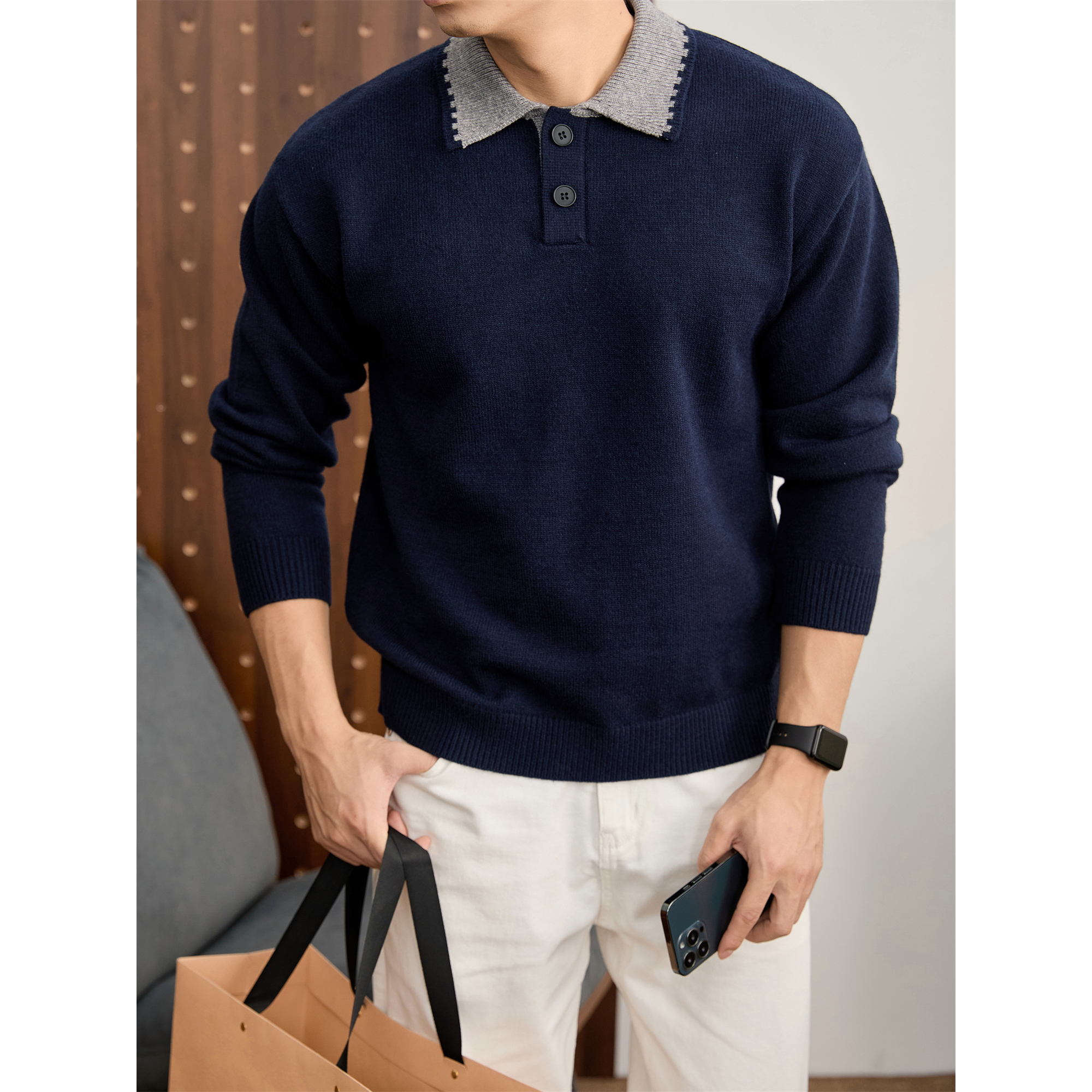 LUUD 极简风慵懒感男士撞色翻领长袖POLO衫秋冬季老钱风针织卫衣