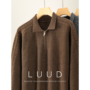 麻花纹理半拉链长袖 LUUD 男插肩袖 复古华夫格针织POLO衫 毛衣 意式