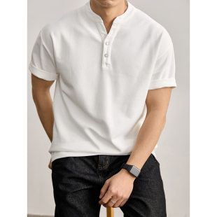 纯色贵气老钱上衣T恤 男夏季 LUUD 定制松石纽扣亲肤舒适亨利领短袖