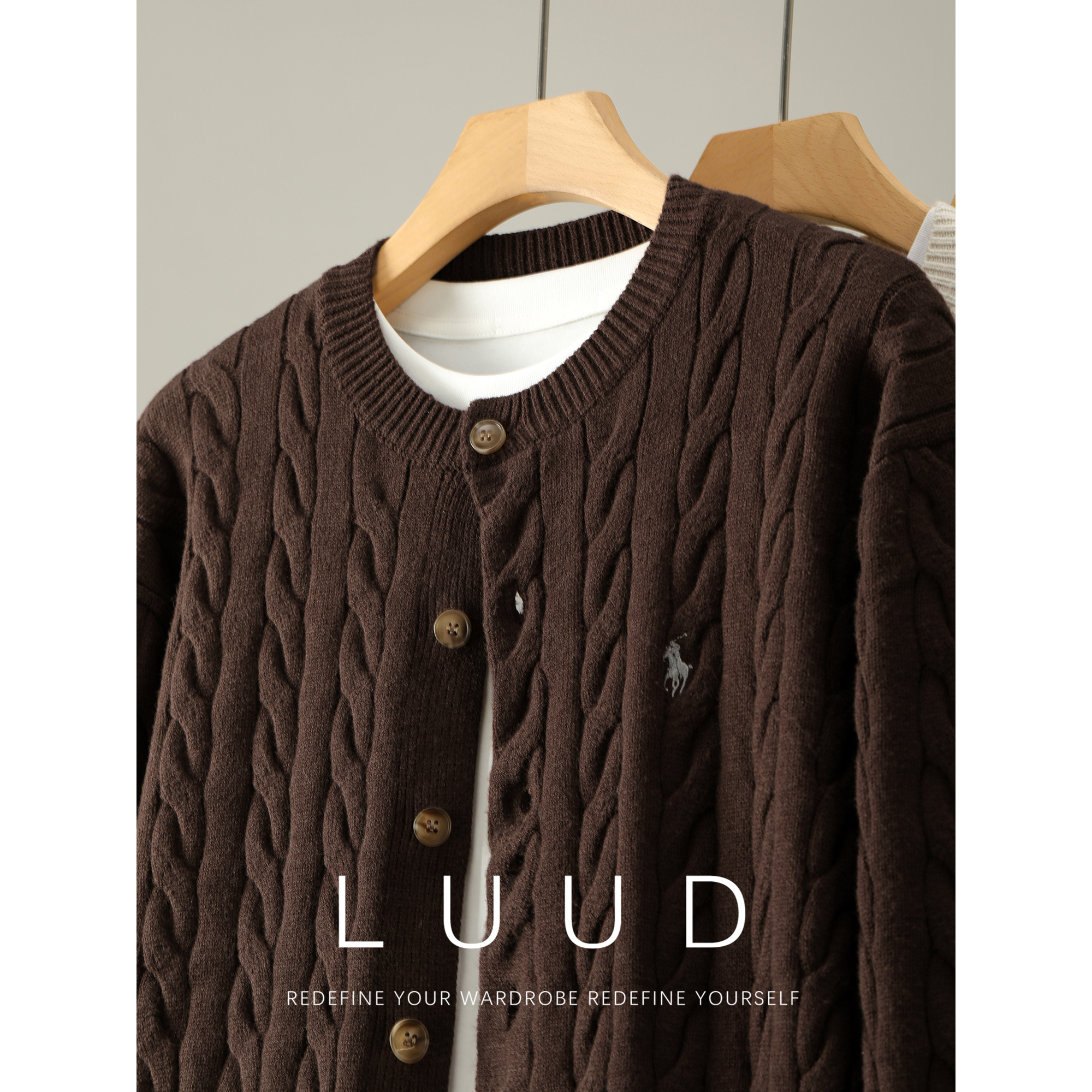 LUUD 高弹包芯纱骑士刺绣保暖毛衣男士冬季麻花编织纹理针织开衫