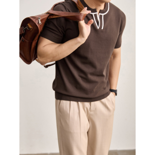 男夏季 LUUD 针织短袖 极简薄款 简约撞色亨利领上衣T恤 雅奢老钱时尚