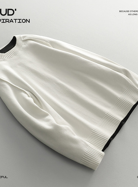 LUUD 时尚感白色长袖莫代尔包芯纱毛线衣男简约纹理提花圆领毛衣