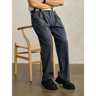 LUUD 垂感高腰腰带剑道裤阔腿双褶休闲西裤男夏直筒时尚简约长裤