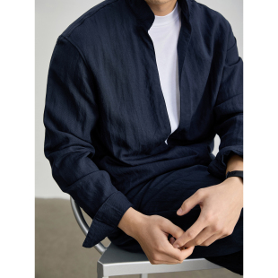 LUUD 男莱赛尔混纺亚麻半开襟立领衬衣 松弛慵懒风撞色假两件衬衫