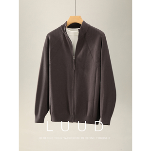 LUUD 秋冬季保暖包芯纱男士针织开衫分割线提花坑条立领毛衣外套