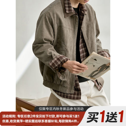 LUUD 撞色灯芯绒翻领牛仔外套潮男100%纯棉复古水洗做旧工装夹克