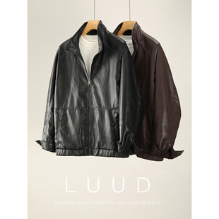 分割拼接设计亮面机车皮衣潮 夹克外套男秋冬季 LUUD 立领PU皮短款