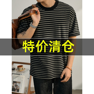 重磅宽松T恤衫 特价 毛巾面提花色织布针织上衣男撞色条纹落肩短袖