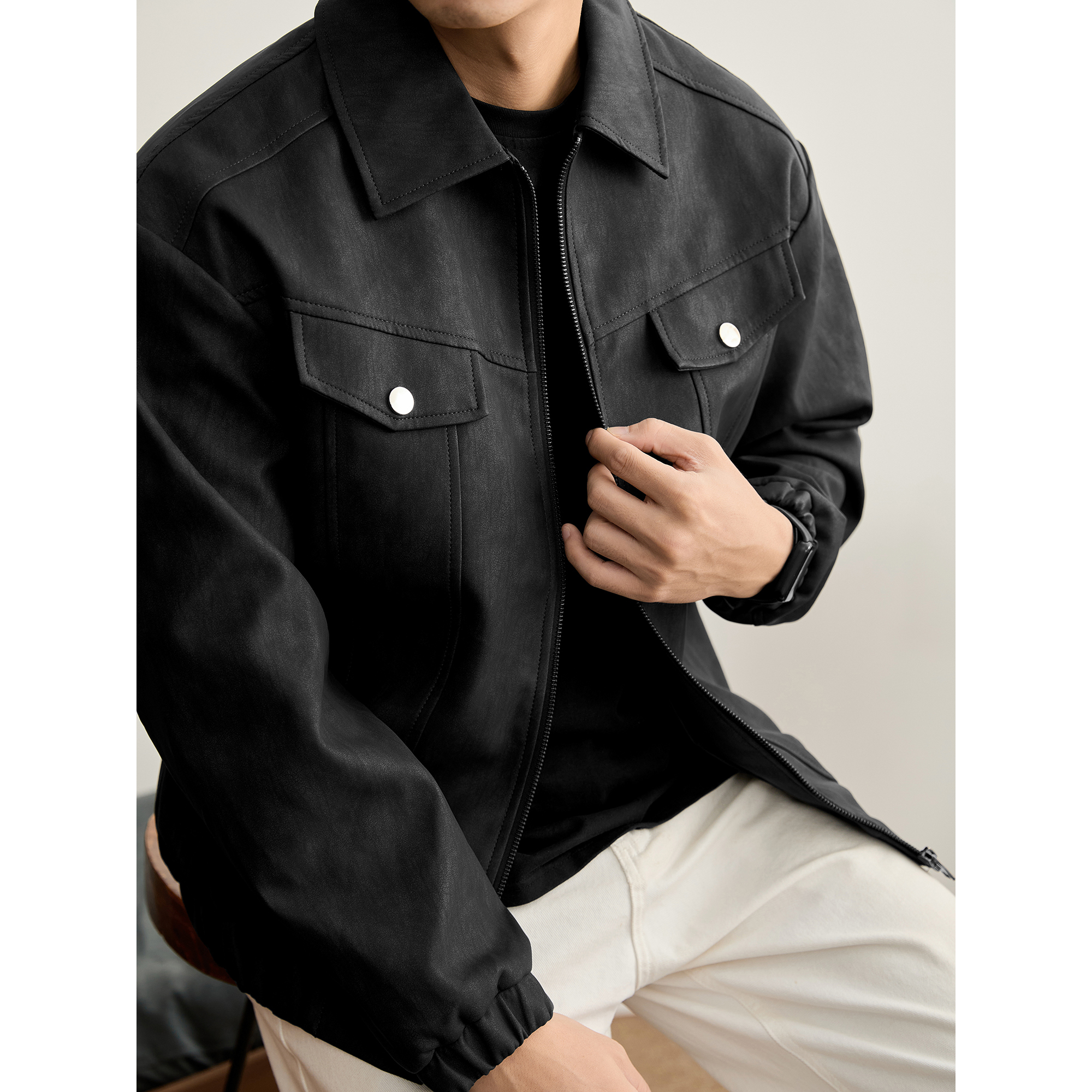 LUUD 街头潮感PU皮防风夹克男装冬季翻盖式假口袋设计休闲外套潮