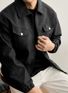 LUUD 街头潮感PU皮防风夹克男装冬季翻盖式假口袋设计休闲外套潮