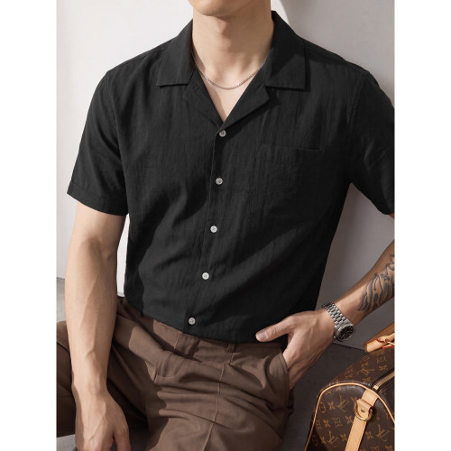 LUUD 日系cityboy100%纯棉短袖衬衣男夏季竹节肌理纯色古巴领衬衫
