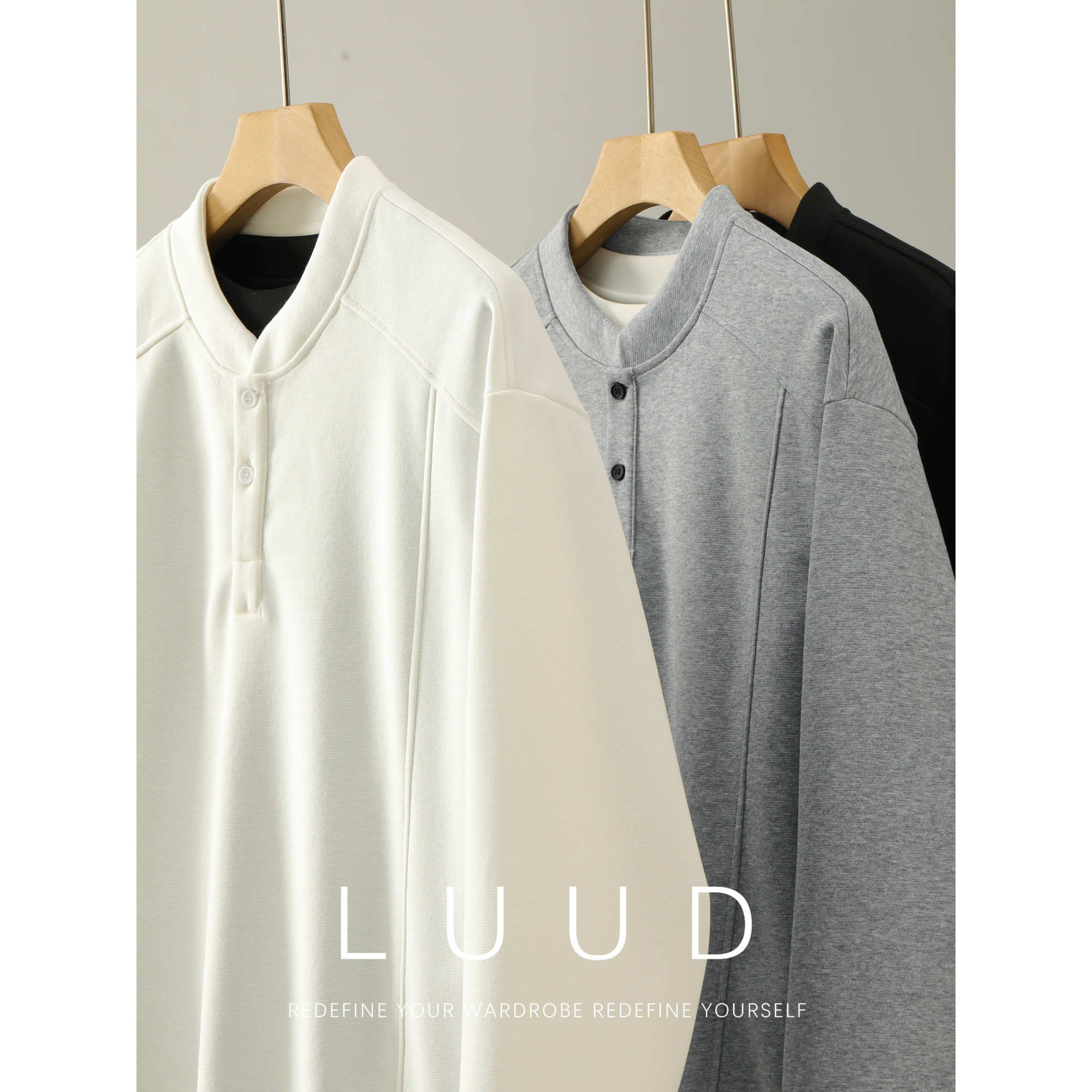 LUUD 解构拼接立领半开襟卫衣秋冬极简休闲风水洗棉针织工艺上衣