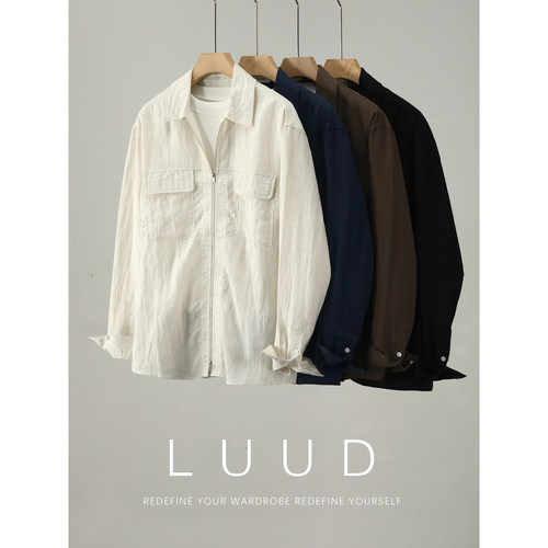 LUUD 亲肤天丝莱赛尔纯色衬衫外套男士立体贴袋斜纹肌理衬衣夹克