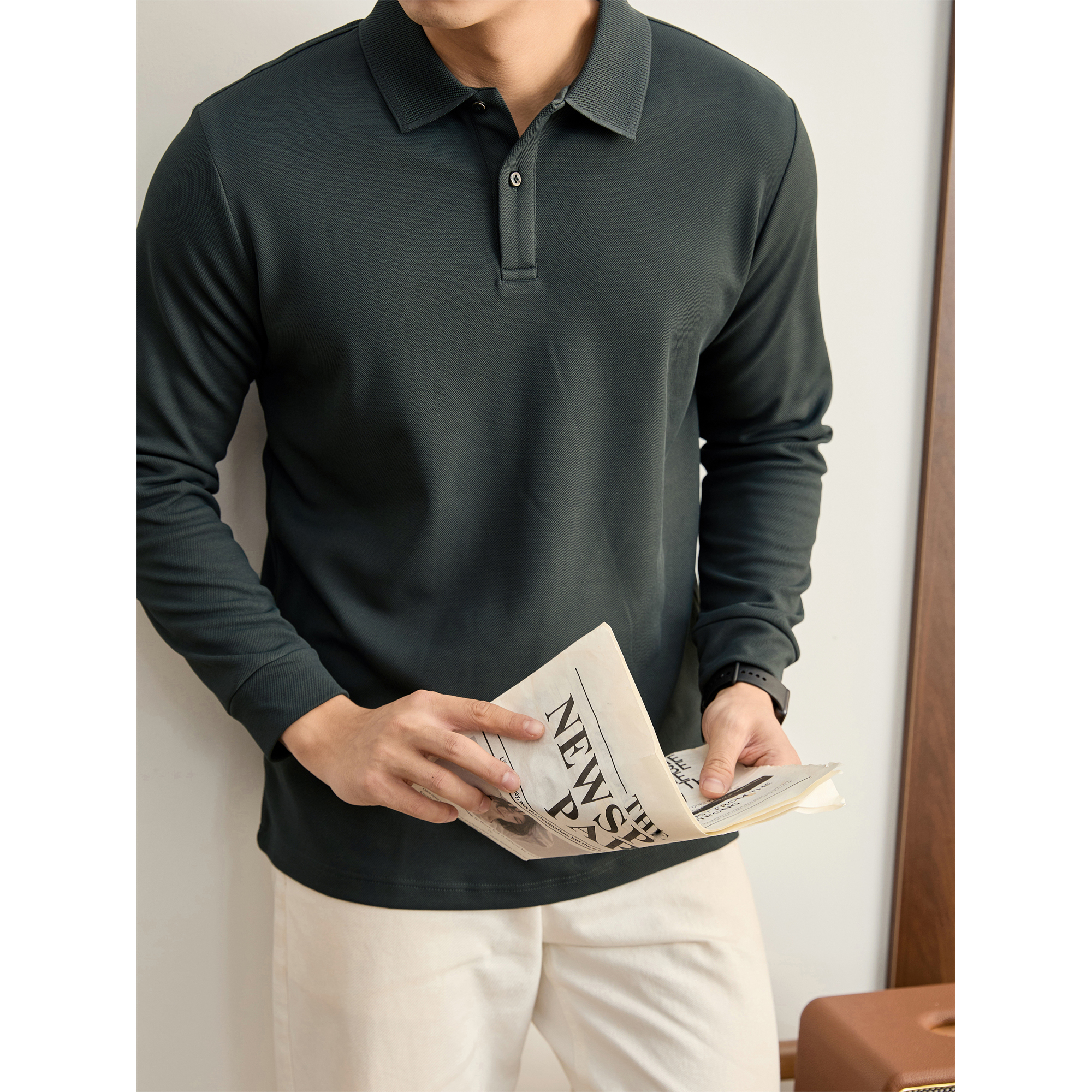 LUUD 免烫抗皱垂感纯色简约长袖POLO衫男士秋季舒适亲肤翻领上衣