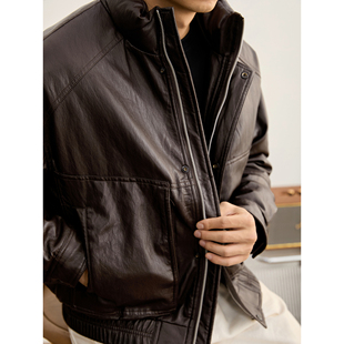 外套男冬季 复古boxy短宽款 防风保暖PU皮灰鸭绒羽绒皮衣 美式 LUUD