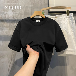 男舒适透气休闲宽松内搭打底T恤衫 LUUD 简约百搭黑白280克重短袖