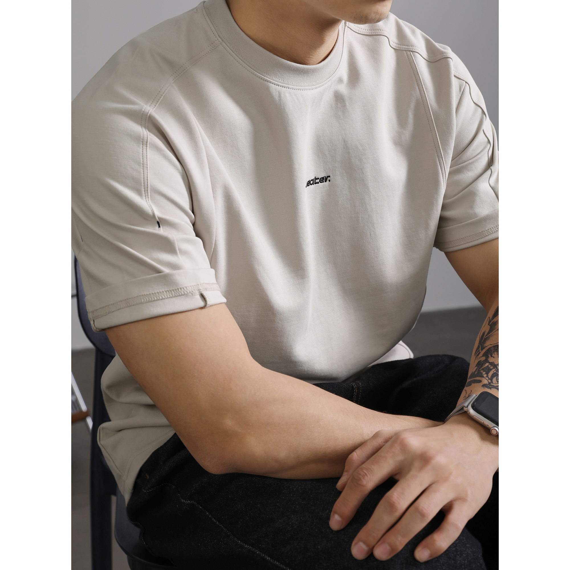 LUUD 潮牌夏季简约刺绣短袖T恤男高街痞帅拼接设计休闲圆领上衣潮