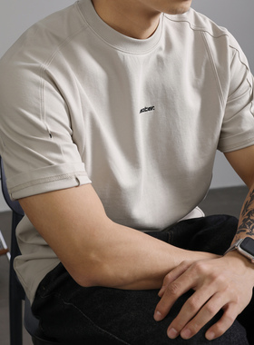 LUUD 潮牌夏季简约刺绣短袖T恤男高街痞帅拼接设计休闲圆领上衣潮