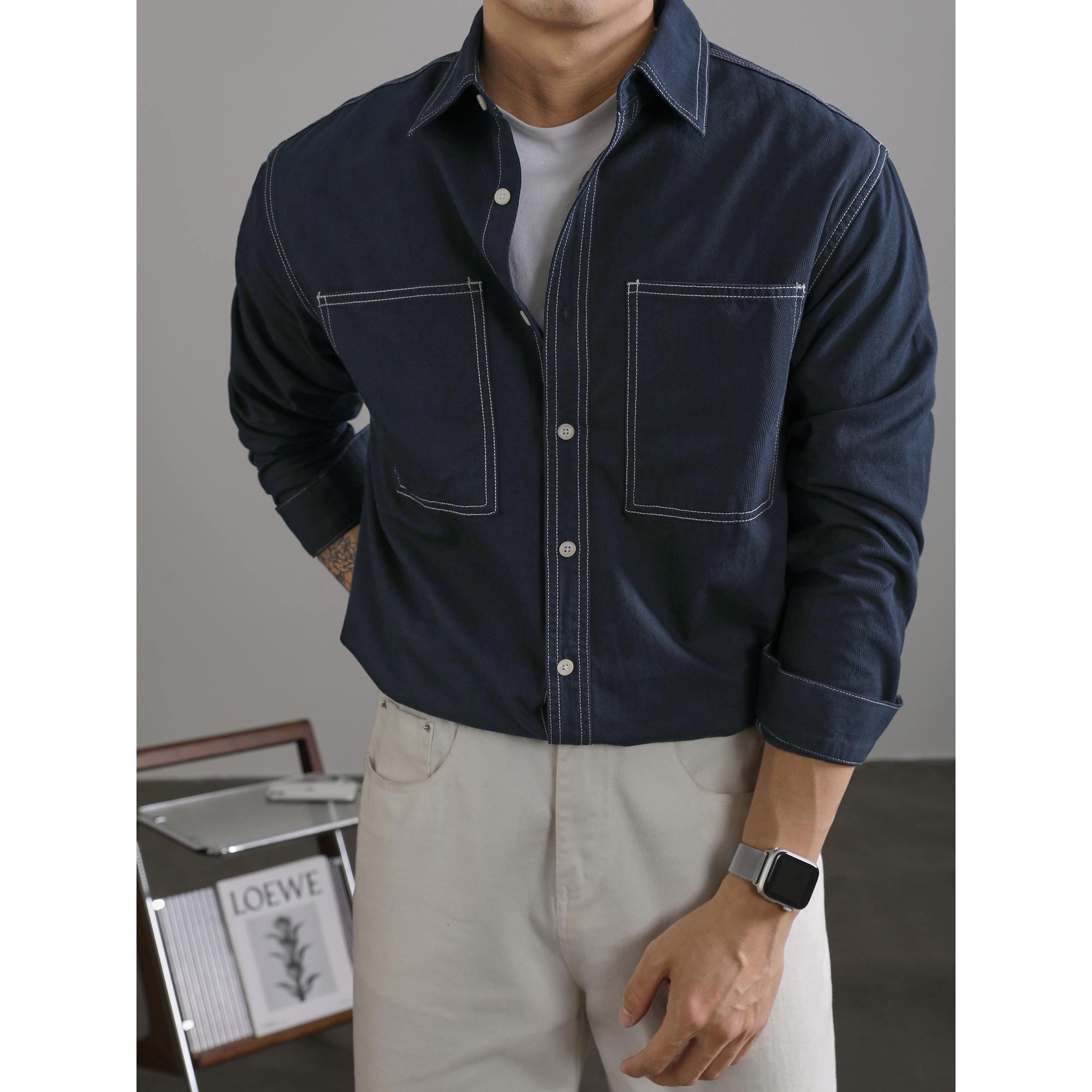 LUUD 洗水复古牛仔蓝色翻领长袖衬衫男士日常百搭纯棉休闲小衬衣