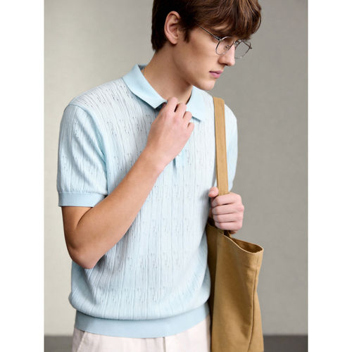 LUUD 夏季透气镂空针织Polo衫男天爽亚麻混纺莱赛尔冰川蓝短袖T恤