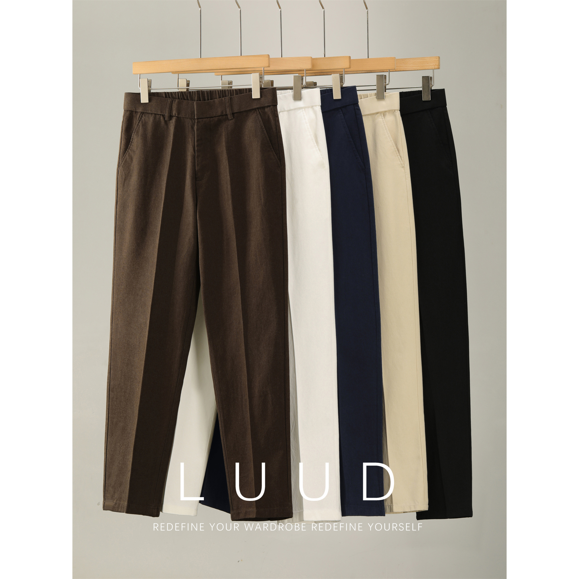 LUUD 简约轻熟斜纹暗门襟西裤莱赛尔天丝棉混纺半松紧腰直筒裤男