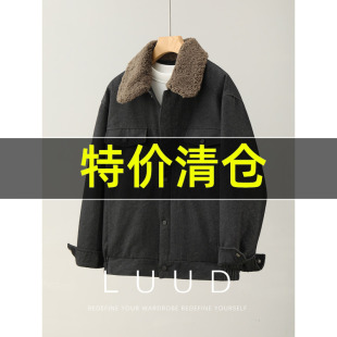 特价 日系哈灵顿85白鸭绒羽绒夹克男冬水洗棉羊羔绒牛仔毛领外套