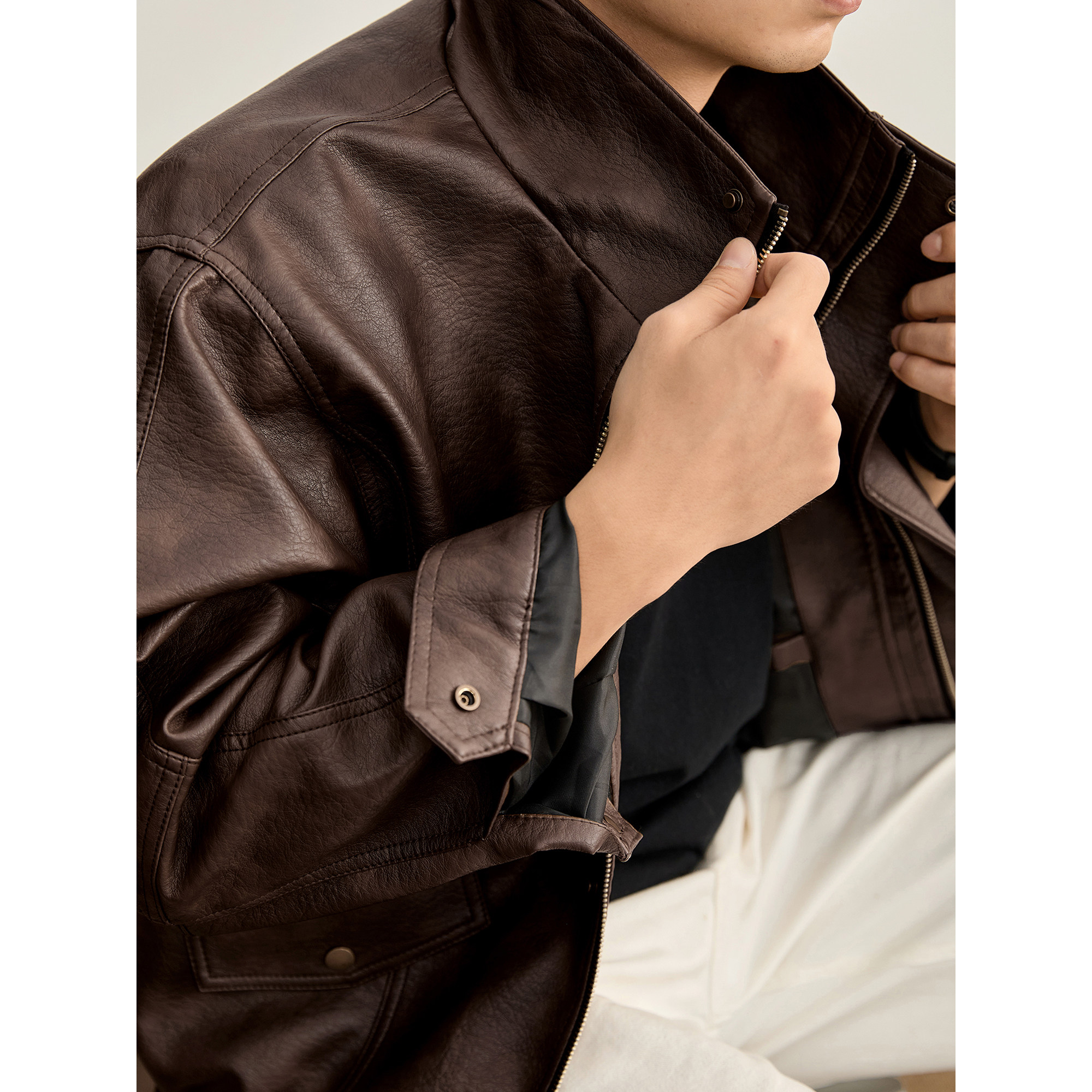 LUUD 美式复古老钱风男士双门襟皮衣外套冬季保暖荔枝纹PU皮夹克