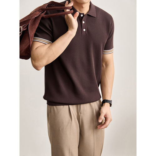 LUUD 坑条波浪肌理感短袖POLO衫男夏季撞色条纹袖口设计针织T恤衫