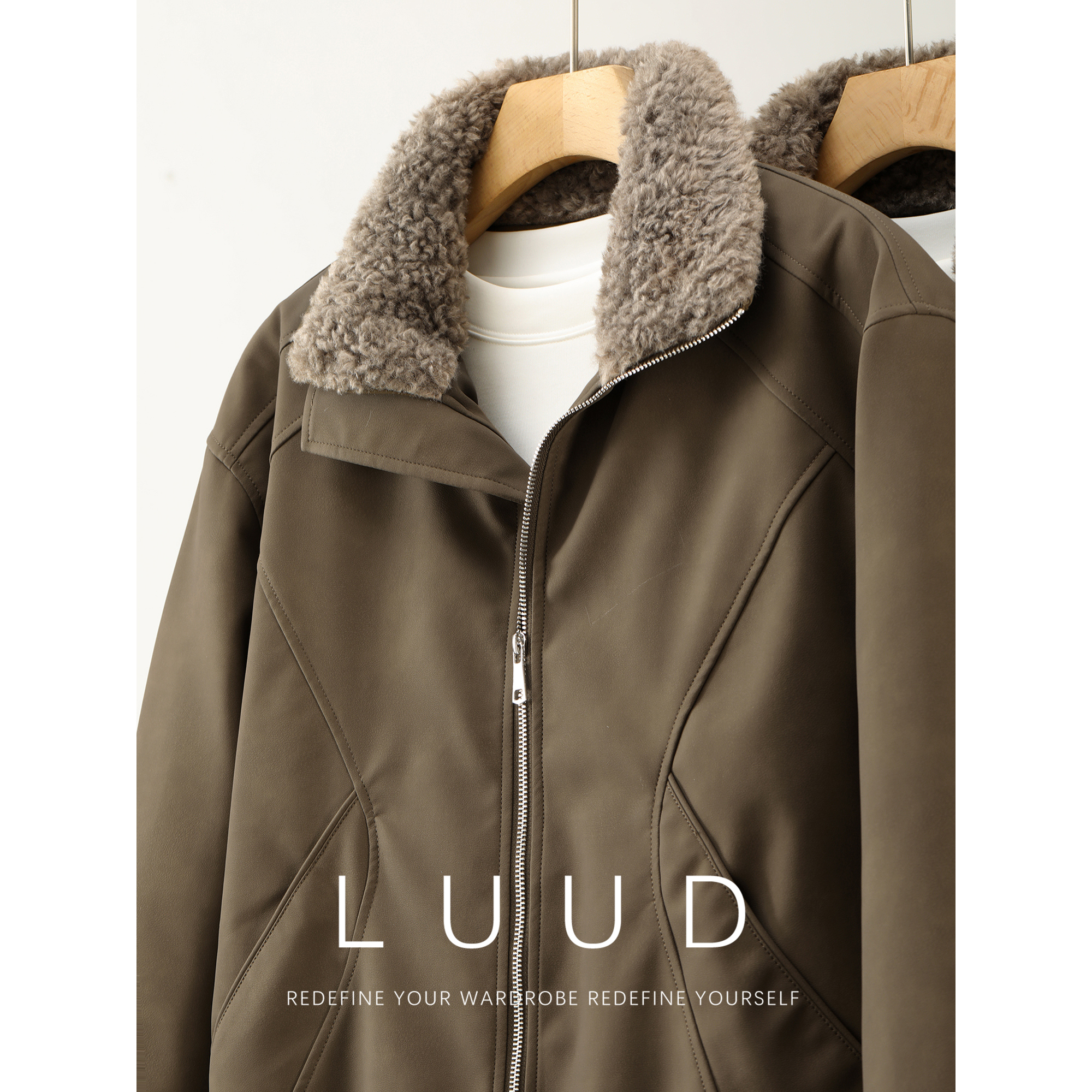 LUUD 皮毛一体85鸭绒毛领皮衣羽绒服男冬季短宽款麂皮绒外套夹克