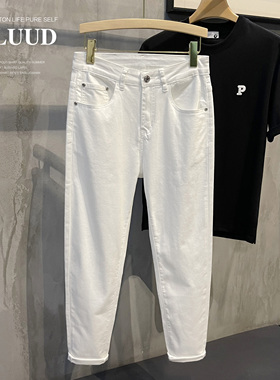 LUUD 韩版时尚修身白色牛仔长裤夏季立体裁剪纯色休闲九分裤男
