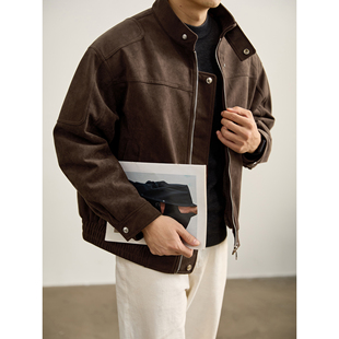 外套男冬 保暖工装 LUUD 复古咖色麂皮绒按扣闭合立领夹克加绒厚款