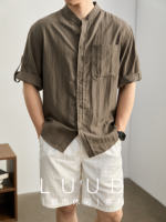 LUUD New Chinese-style stand-up collar five-quarter sleeve shirt Tencel Lyocell linen adjustable sleeve loop thin shirt for men thumbnail 2