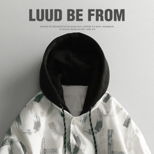 LUUD 假两件夹克外套男款潮牌字母满印花痞帅炸街美式连帽棒球服
